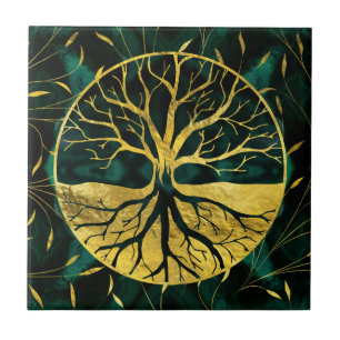Golden Tree of Life Yggdrasil on Malachite Tile