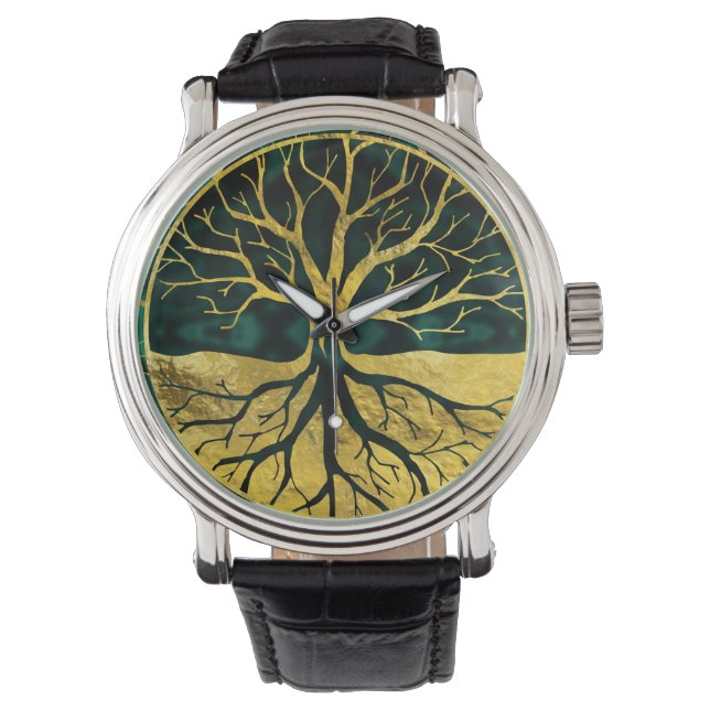Golden Tree of Life Yggdrasil on Malachite Watch (Front)