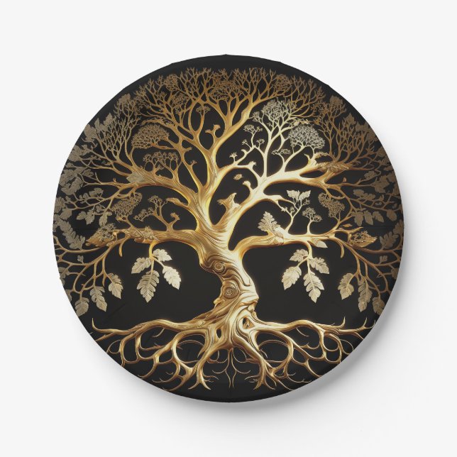 Golden Tree of Life Yggdrasil Paper Plates (Front)