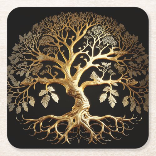 Golden Tree of Life Yggdrasil Square Paper Coaster