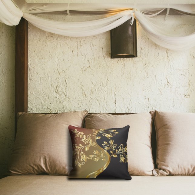 Golden Tree on Black Brown and Olive Green Throw Pillow (Creator Uploaded)