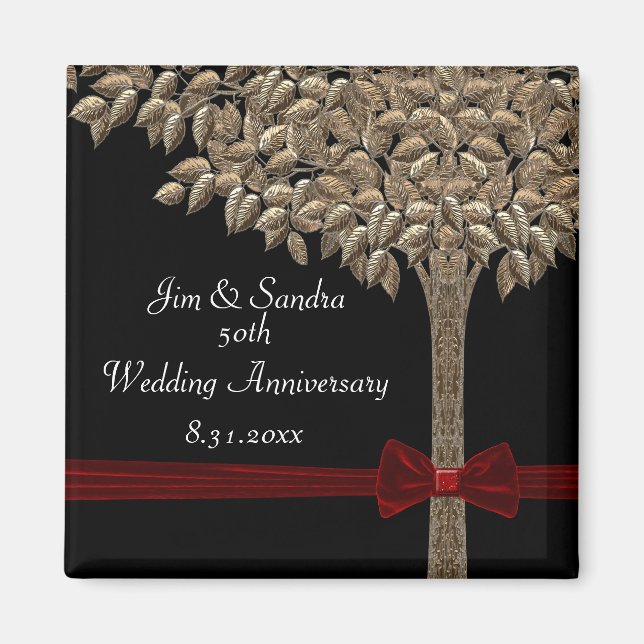 Golden Tree With Red Ribbon & Bow Date Saver Magnet (Front)