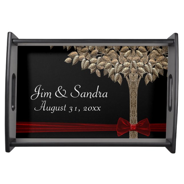 Golden Tree With Red Ribbon & Bow Serving Tray (Front)