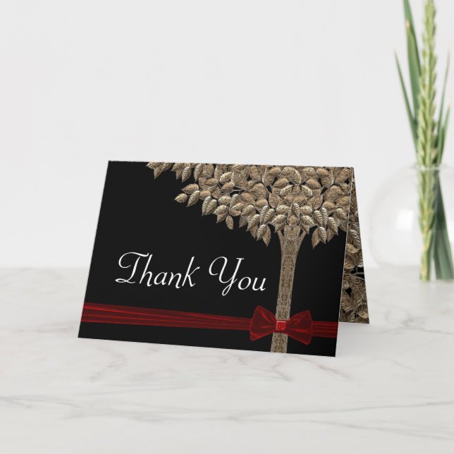 Golden Tree With Red Ribbon & Bow Thank You Card (Front)