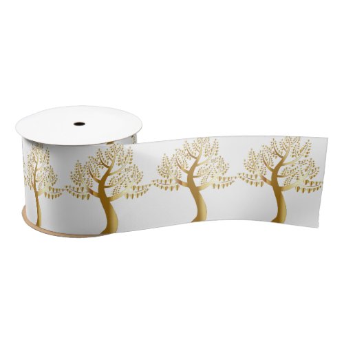 Golden Trees with Golden Hearts on White Satin Ribbon