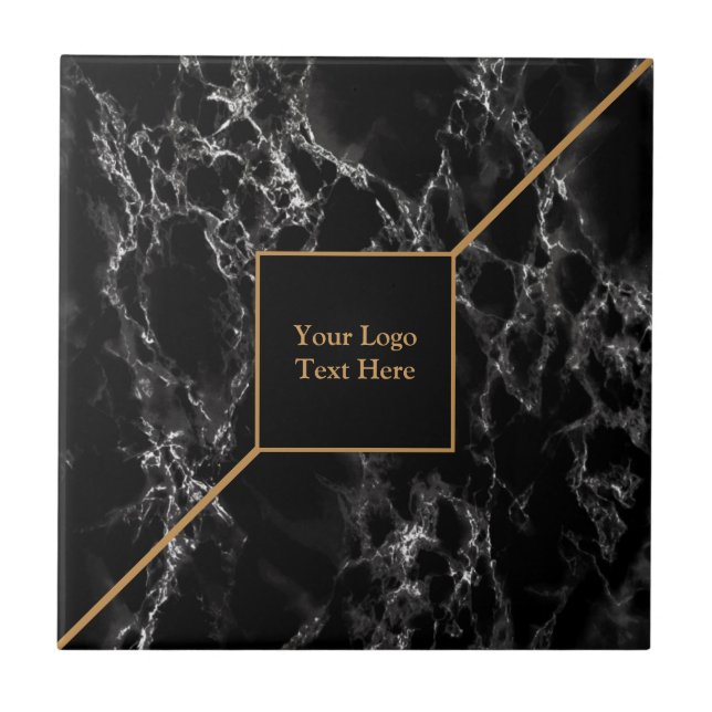 Golden Trendy Black Marble Stone - Customizable - Ceramic Tile (Front)