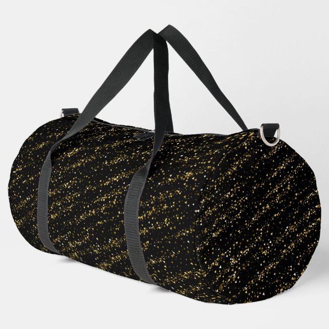 Golden Triangle Dots Black Background Shiny Luxury Duffle Bag (Left Corner)