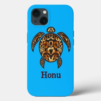 Golden Tribal Hawaiian Sea Turtle On Ocean Blue Iphone 13 Case by pjwuebker at Zazzle