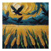 Golden trigal field with crows