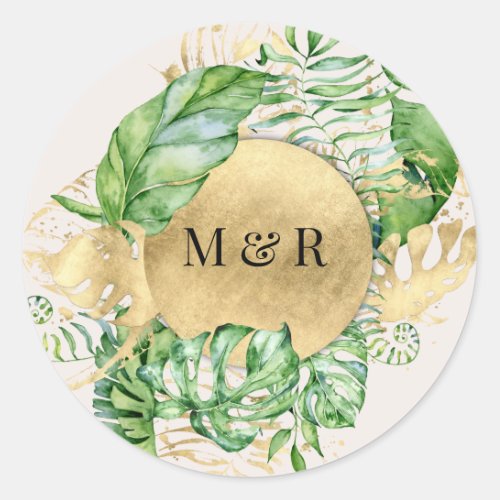 golden tropical foliage monogram wedding classic r classic round sticker