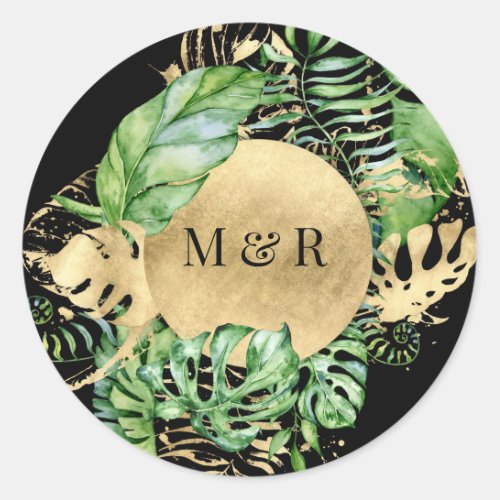golden tropical foliage monogram wedding classic round sticker