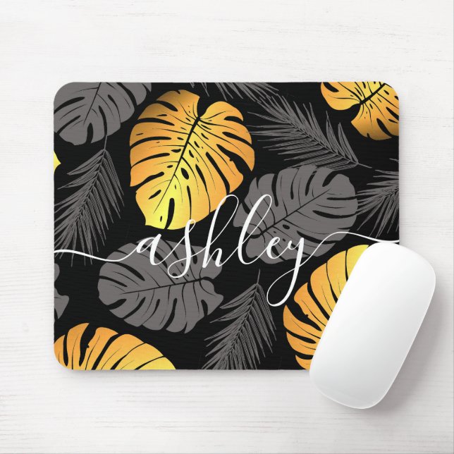Golden Tropical Leaves Mouse Pad (With Mouse)