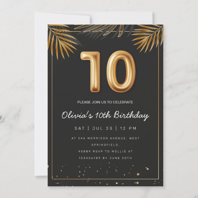 Golden Tropical Palm Leaves 10th Birthday  Invitation (Front)