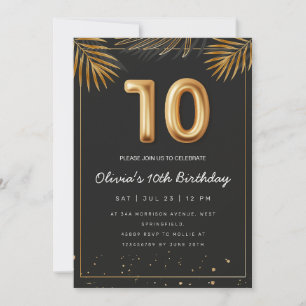 Golden Tropical Palm Leaves 10th Birthday  Invitation