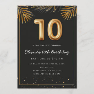 Golden Tropical Palm Leaves 10th Birthday  Invitation