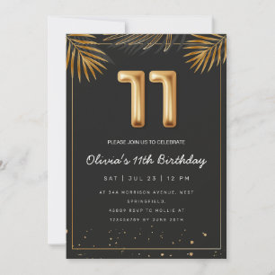 Golden Tropical Palm Leaves 11th Birthday Invitation
