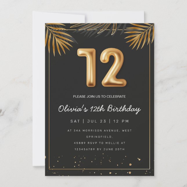 Golden Tropical Palm Leaves 12th Birthday  Invitation (Front)