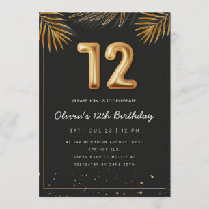 Golden Tropical Palm Leaves 12th Birthday Invitation