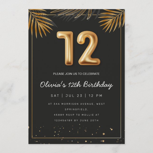 Golden Tropical Palm Leaves 12th Birthday  Invitation (Front)