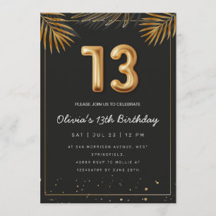 Golden Tropical Palm Leaves 13th Birthday Invitation