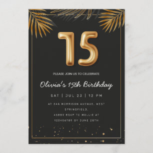 Golden Tropical Palm Leaves 15th Birthday Invitation