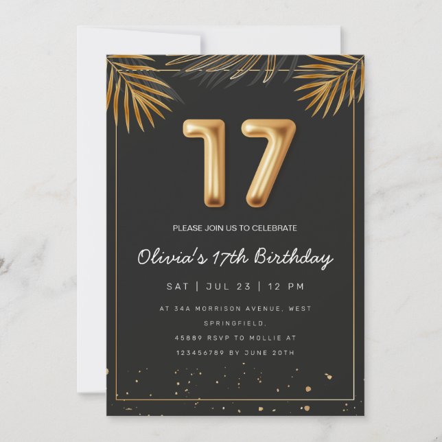 Golden Tropical Palm Leaves 17th Birthday  Invitation (Front)