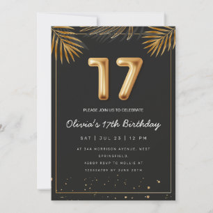 Golden Tropical Palm Leaves 17th Birthday Invitation