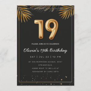 Golden Tropical Palm Leaves 19th Birthday Invitation