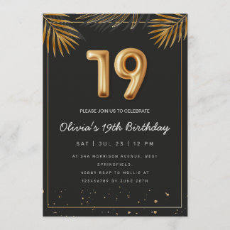 Golden Tropical Palm Leaves 19th Birthday  Invitation