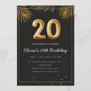 Golden Tropical Palm Leaves 20th Birthday Invitation