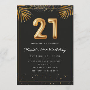Golden Tropical Palm Leaves 21st Birthday Invitation