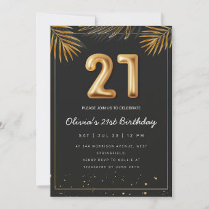 Golden Tropical Palm Leaves 21st Birthday Invitation