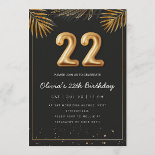 Golden Tropical Palm Leaves 22th Birthday Invitation