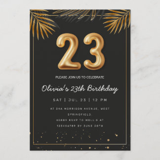 Golden Tropical Palm Leaves 23th Birthday  Invitation
