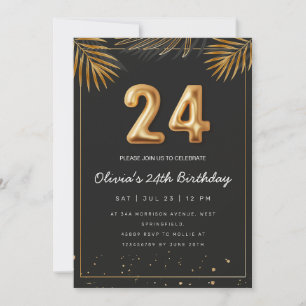 Golden Tropical Palm Leaves 24th Birthday Invitation