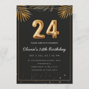 Golden Tropical Palm Leaves 24th Birthday Invitation