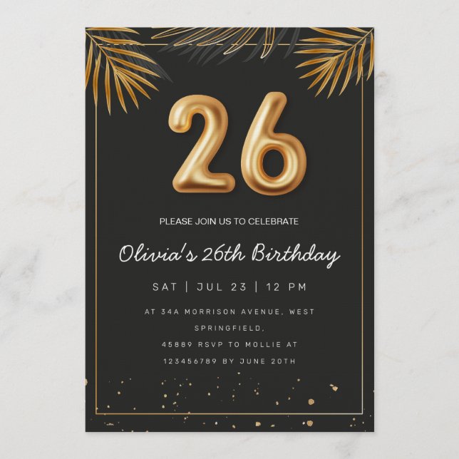 Golden Tropical Palm Leaves 26th Birthday  Invitation (Front)