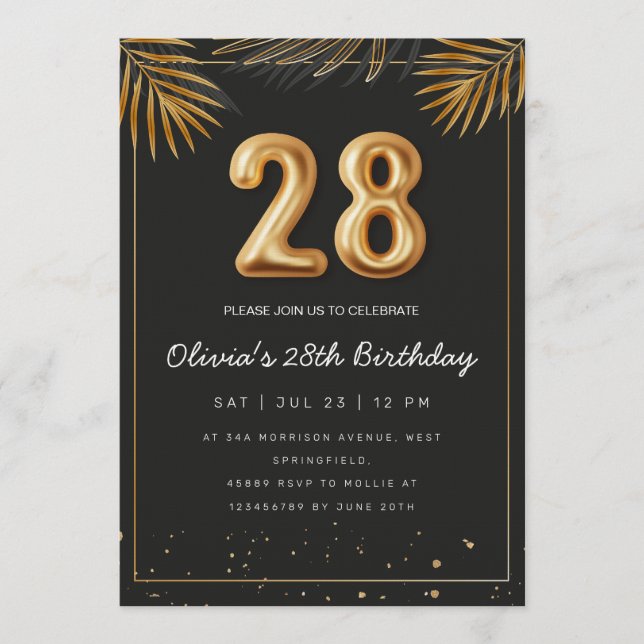 Golden Tropical Palm Leaves 28th Birthday  Invitation (Front)