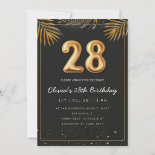 Golden Tropical Palm Leaves 28th Birthday  Invitation