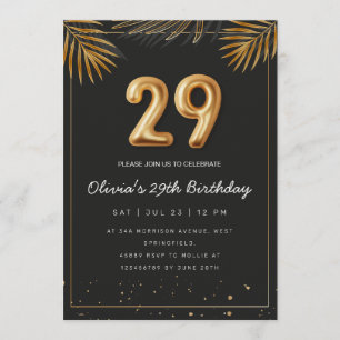 Golden Tropical Palm Leaves 29th Birthday Invitation