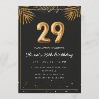 Golden Tropical Palm Leaves 29th Birthday  Invitation