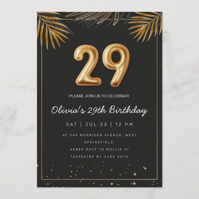 Golden Tropical Palm Leaves 29th Birthday  Invitation (Front)