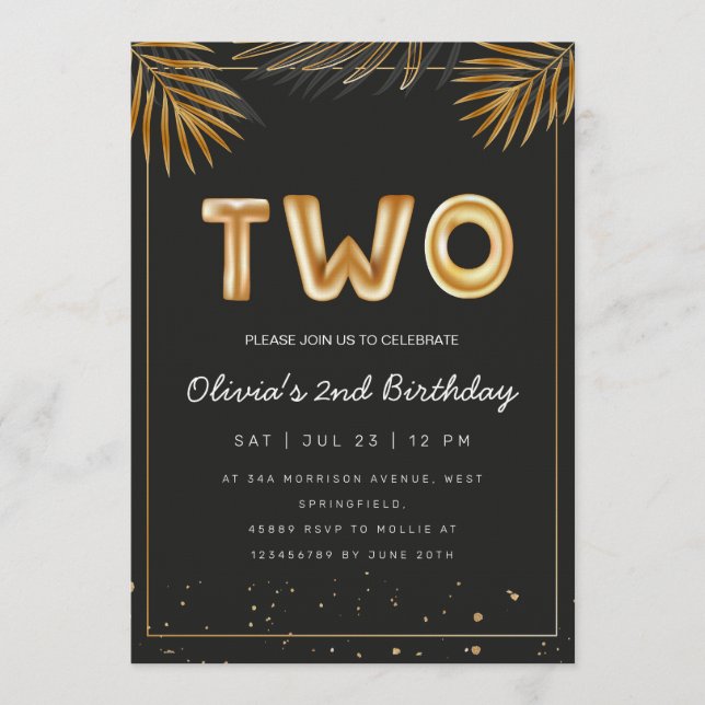  Golden Tropical Palm Leaves 2nd Birthday  Invitation (Front)