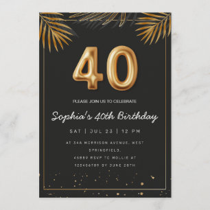 Golden Tropical Palm Leaves 40th Birthday Invitation