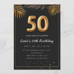 Golden Tropical Palm Leaves 50th Birthday Invitation