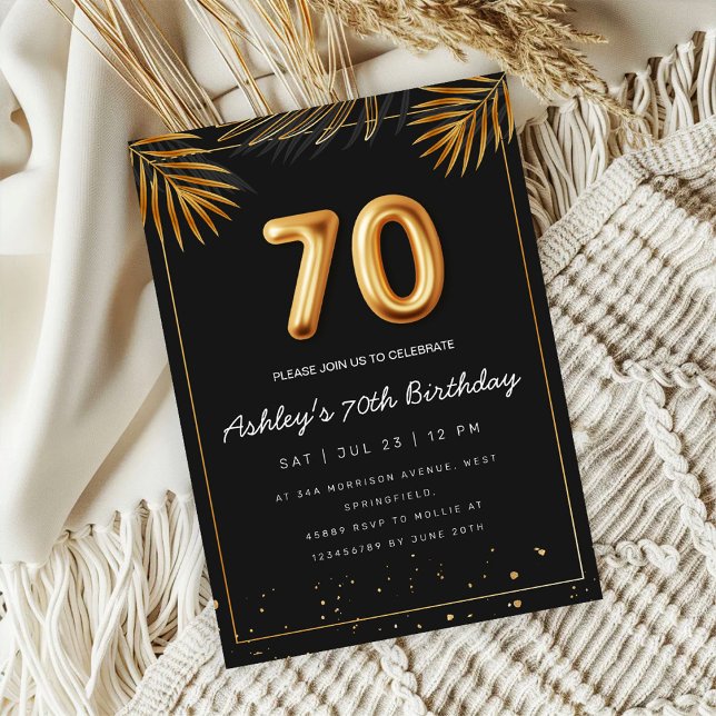 Golden Tropical Palm Leaves 70th Birthday  Invitation (Creator Uploaded)