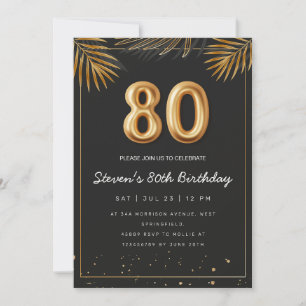 Golden Tropical Palm Leaves 80th Birthday  Invitation