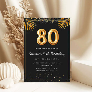 Golden Tropical Palm Leaves 80th Birthday Invitation