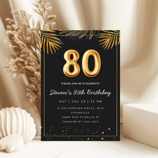 Golden Tropical Palm Leaves 80th Birthday  Invitation