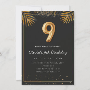 Golden Tropical Palm Leaves 9th Birthday  Invitation